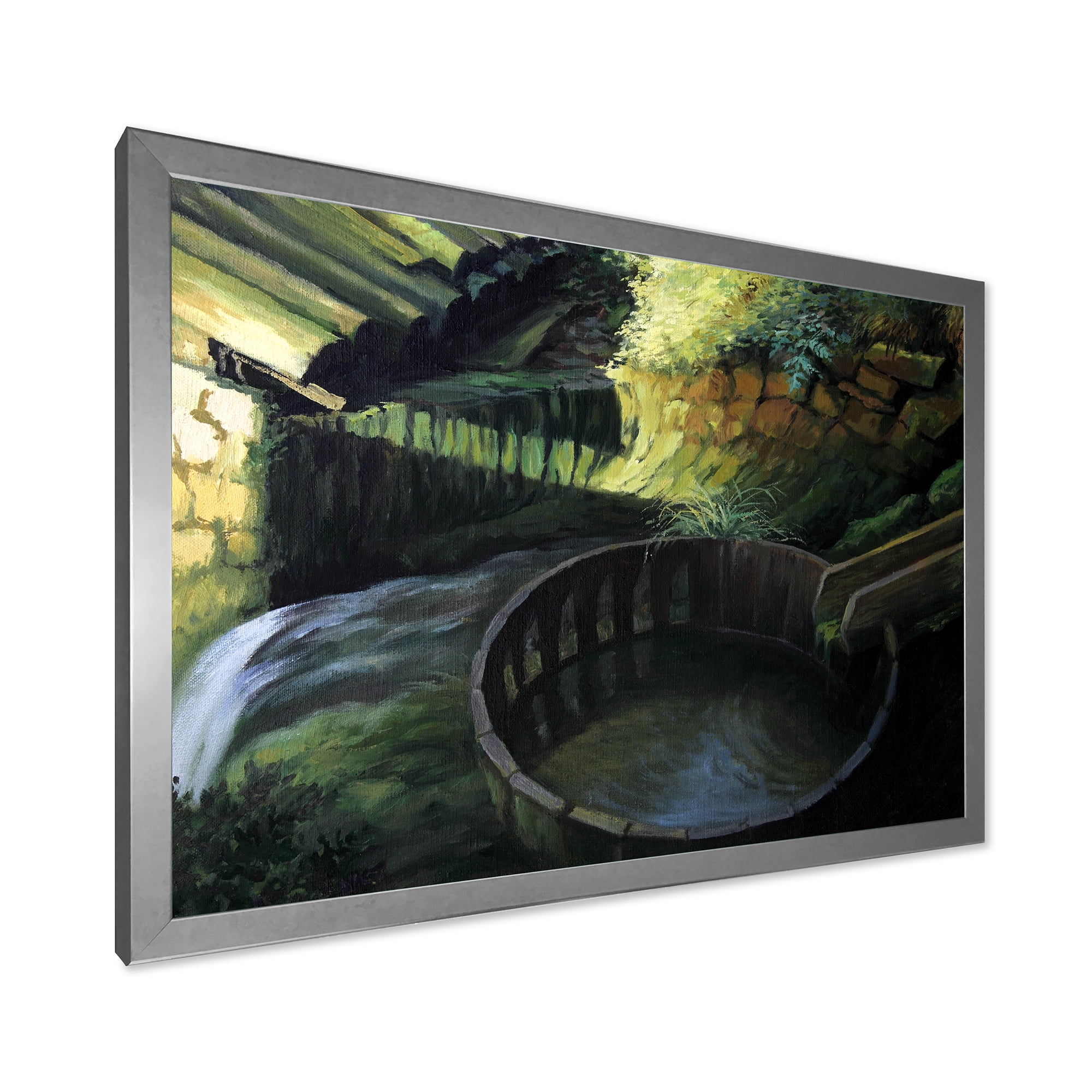 Designart 'Old Watermill In Green Nature Landscape' Lake House Framed Art Print
