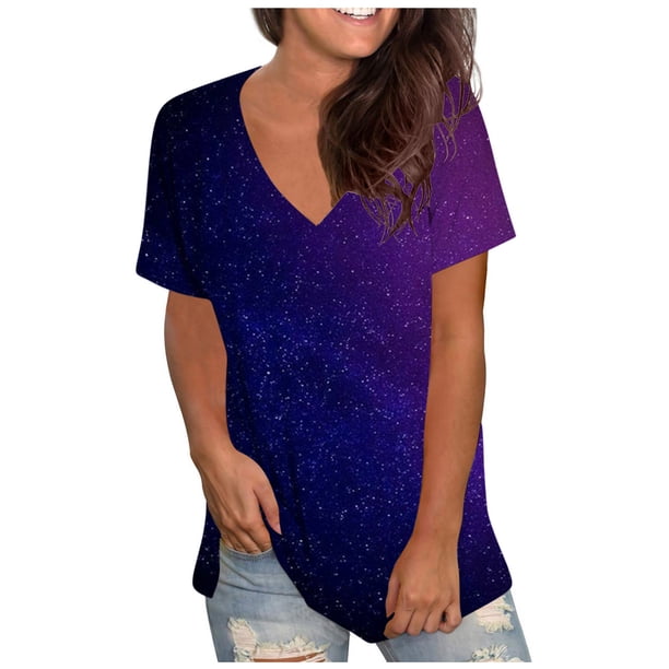 Blusa de camiseta informal con estampado de manga corta y cuello en V de verano para mujer a la moda OAVQHLG3B Store lin121212