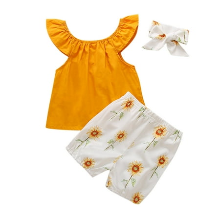 

Toddler Baby Girls Ruffle Solid Vest Tops+Sunflower Shorts+Headbands Sets
