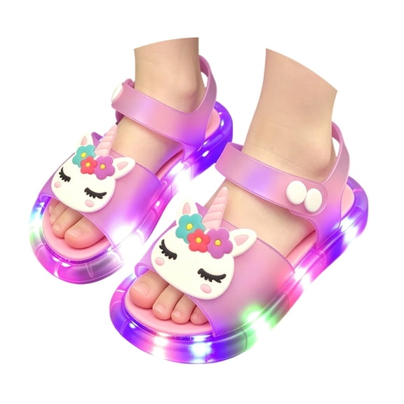 Girls Cute Unicorn Rainbow LED Light Up Jelly Sandals, Adjustable Ankle Strap Non Slip Kids Water Beach Shoes, Step Activated Glowing Summer Outdoor Walking Sandals 4-9Y