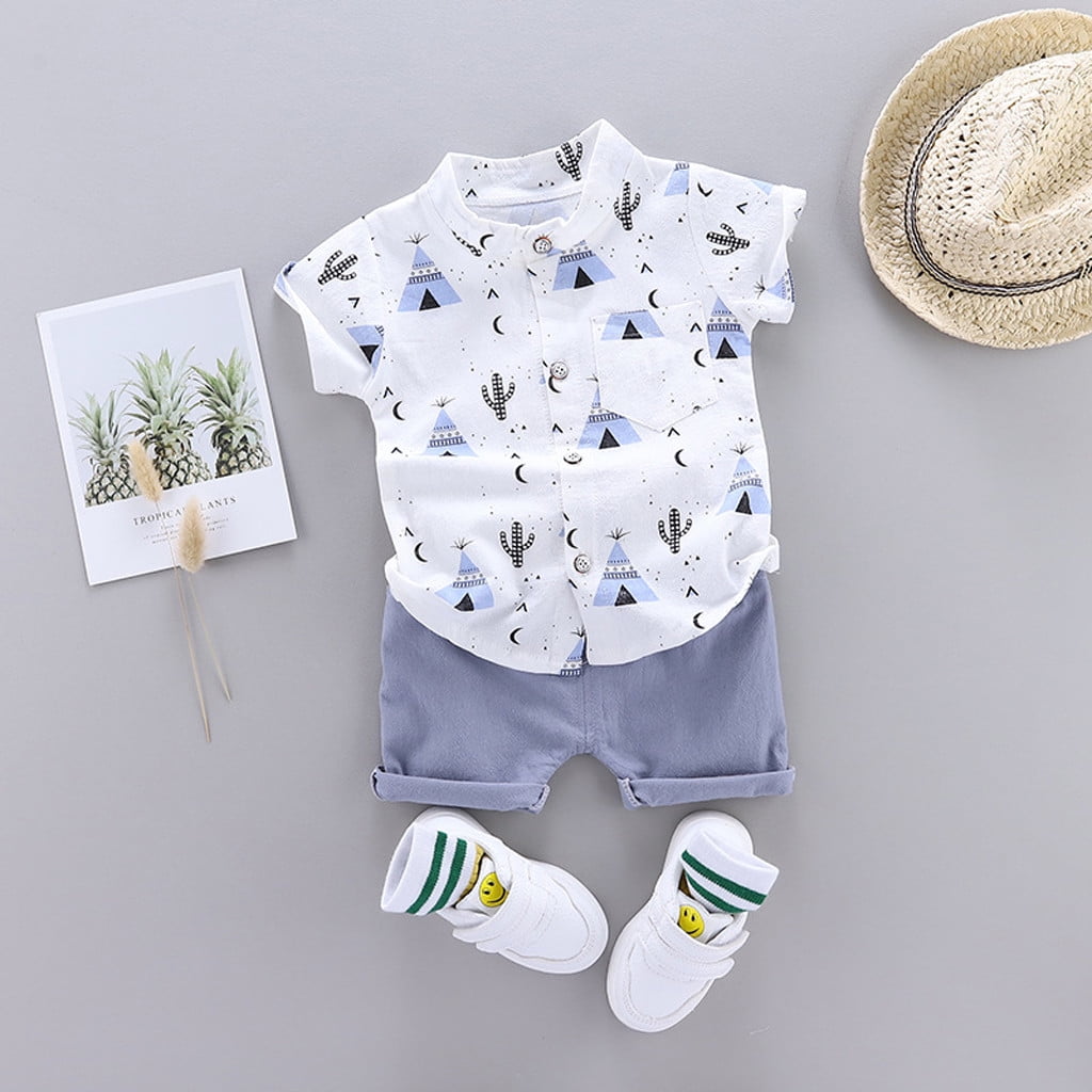 Lsljs Toddler Baby Boys Summer Shorts Set Cute Outfits Cartoon Print Pattern Shirt Top Shorts Hawaiian Clothes 2 Pcs Summer Outfits Blue