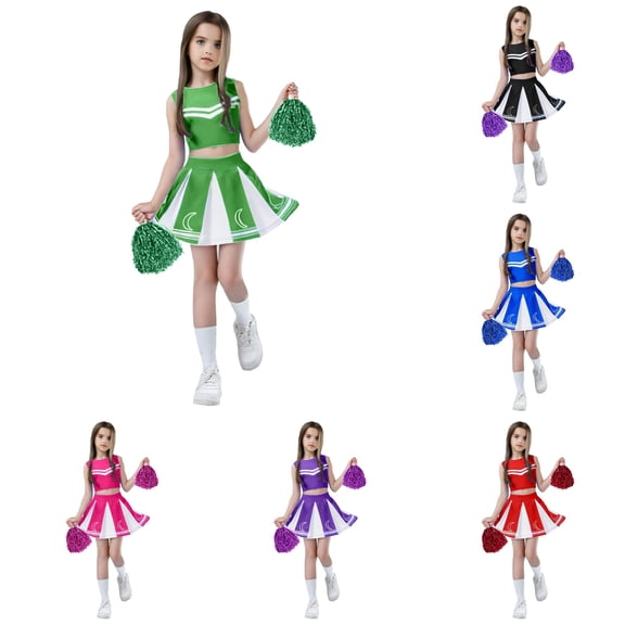 Trendfront Girls Cheerleader Graphic Print Outfit Set Crew Neck Sleeveless Top Summer 3 Piece Everyday Fashion Casual Kids Wear 2T-7T Clothes Set