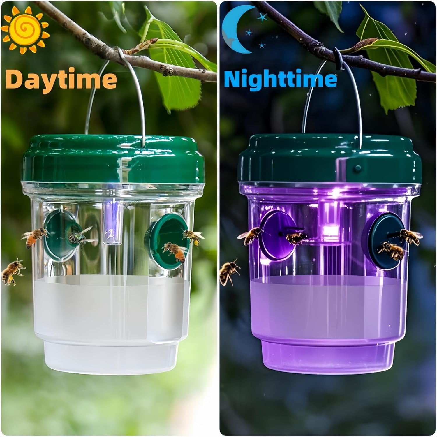 4-Pack Solar Wasp Traps Outdoor Hanging – LED Bee & Hornet Trap, Yellow Jacket Catcher, Reusable Wasp Deterrent for Garden, Orchard & Indoor Use