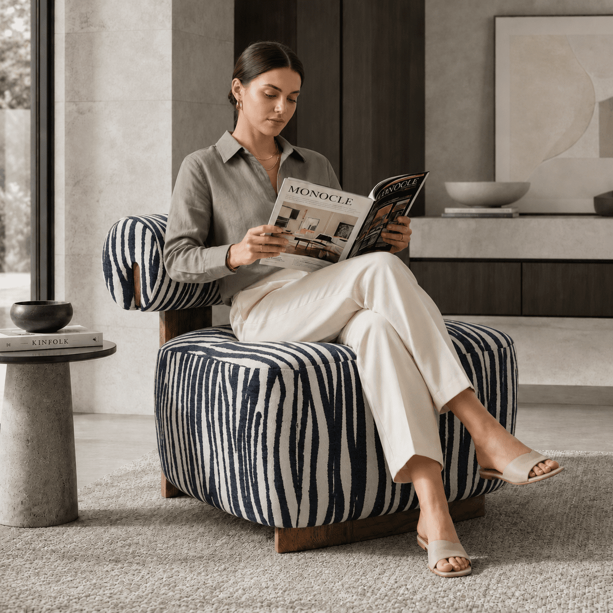 Aenkyo Zebra Stripe Chenille Accent Chair, 24 Inch Deep Seat Armless Chair, Midnight Blue