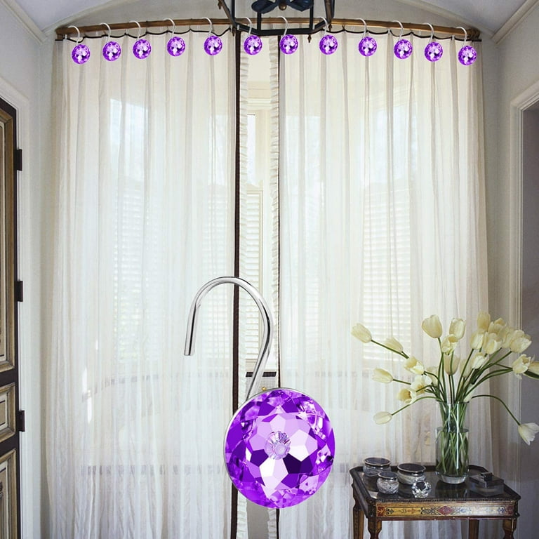 Shower Curtain Hooks,12 pcs Acrylic Rhinestones Bathroom Curtain Hooks Decorative  Shower Hooks for Bathroom, Curtains and Liner - Purple 
