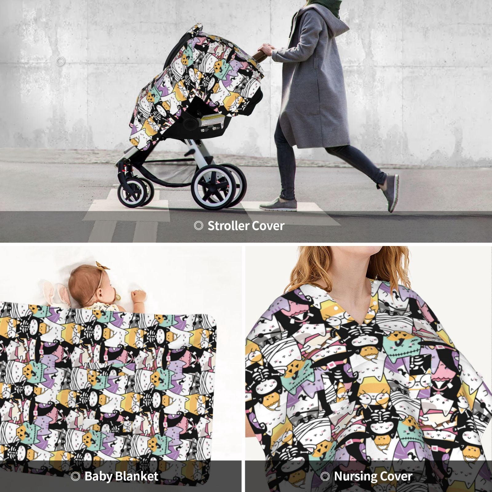 Car Seat Cover Baby - Halloween Decoration Cartoon Cat Breathable Infant Car Seat Cover for Baby Carseat, Lightweight Comfort Baby Essentials Must Haves Newborn Stuff for Girl Boy