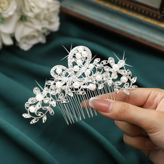 Pearl Bride Wedding Hair Comb Silver Crystal Bridal Hair Clip Rhinestone Hair Piece Decorative Wedding Hair Accessories for Women and Girls