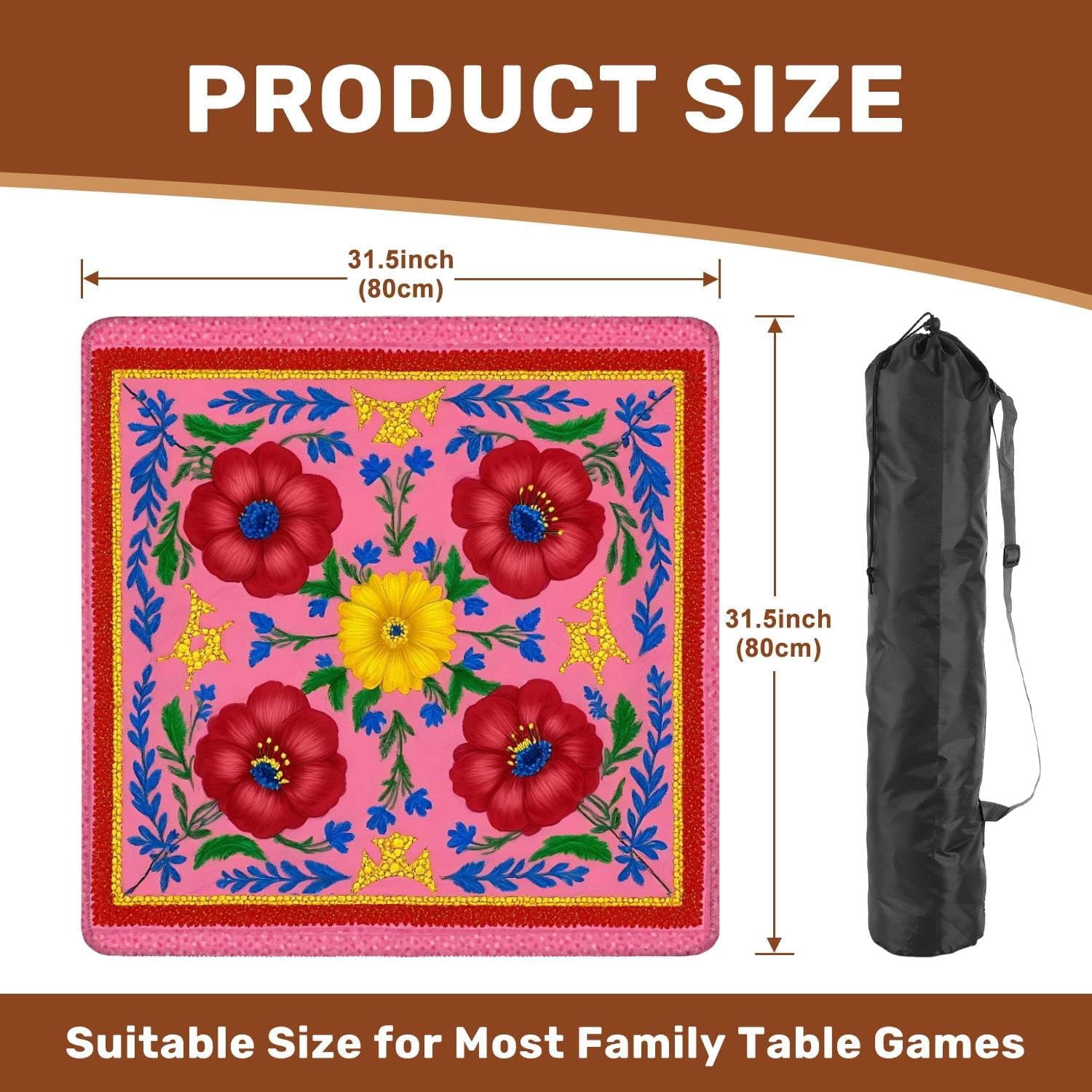 Mahjong Mat 31.5" x 31.5" Vibrant Red Yellow Floral Blue Leaves Pink Folk Art Style Non-Slip Noise Reduction Mahjong Tiles Table Cover for Dominoes Poker Card Board and Tile Games Gift
