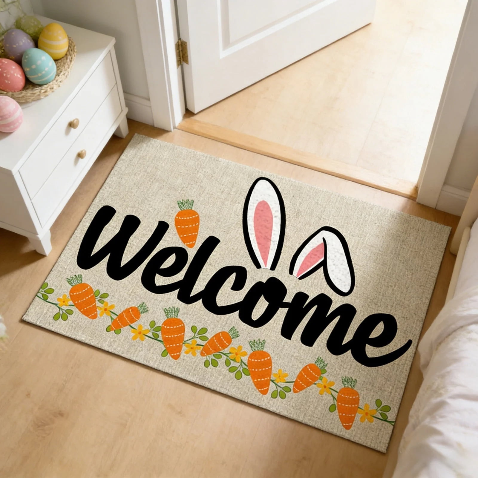 Happy Easter Bunny Welcome Door Mat 16x2417 Inch Spring Rabbit Doormat Indoor/Outdoor Entrance Floor Mat Non-Slip Washable Easter Decor Rug