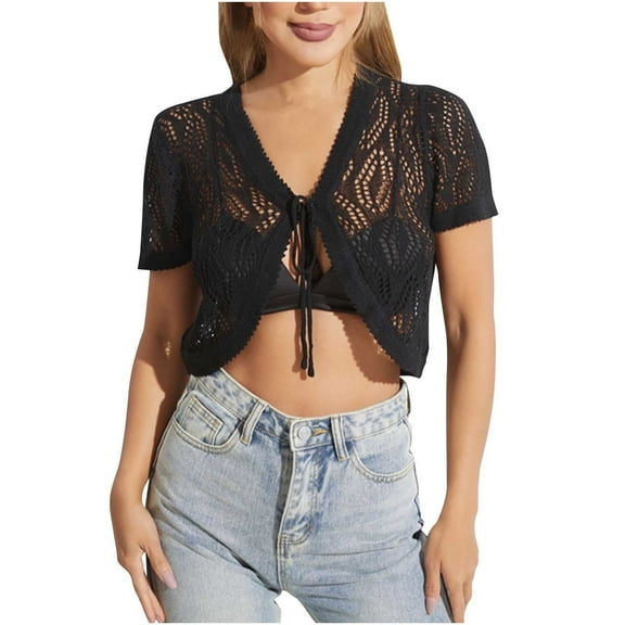OSFVNOXV Women's Beach Cover Ups Crochet Swimsuit Cover Ups Tie Front Cropped Tube Tops Short Sleeve Sheer Bikini Tankini Shirts