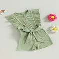 thumbnail image 3 of Toddler Baby Girl Clothes Rompers Ribbed Ruffle Sleeveless Button Belted Romper Short Jumpsuit Summer Outfit Brick Red 12-18 Months, 3 of 7