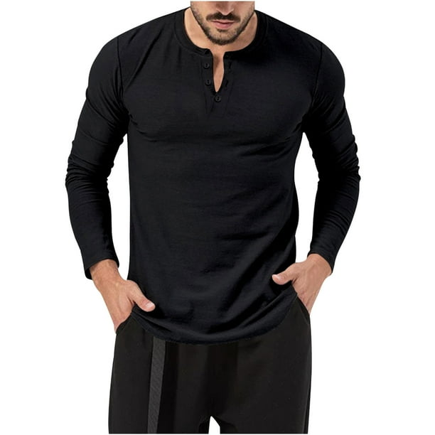 Blusas y camisas de manga larga con cuello redondo para hombre, cuello redondo, botones, boca plana, deportivas para hombre, blusas y camisas de manga larga con cuello redondo para hombre