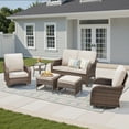 thumbnail image 2 of 6 Piece Patio Wicker Furniture Sets, Outdoor Swivel Rocking Chairs, Loveseat, Ottomans, Glass Top Side Table Set with Beige Cushions, 2 of 10