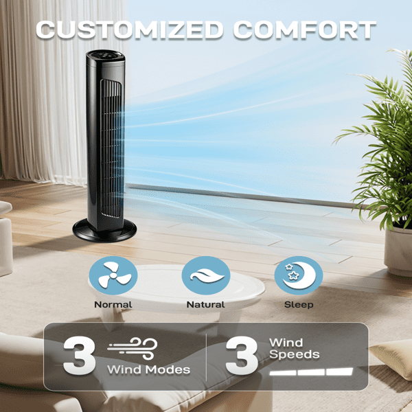 Alvantor 32-Inch Tower Fan with Remote, 3 Speeds, 3 Wind Modes, Oscillation, 7.5-Hour Timer, Black