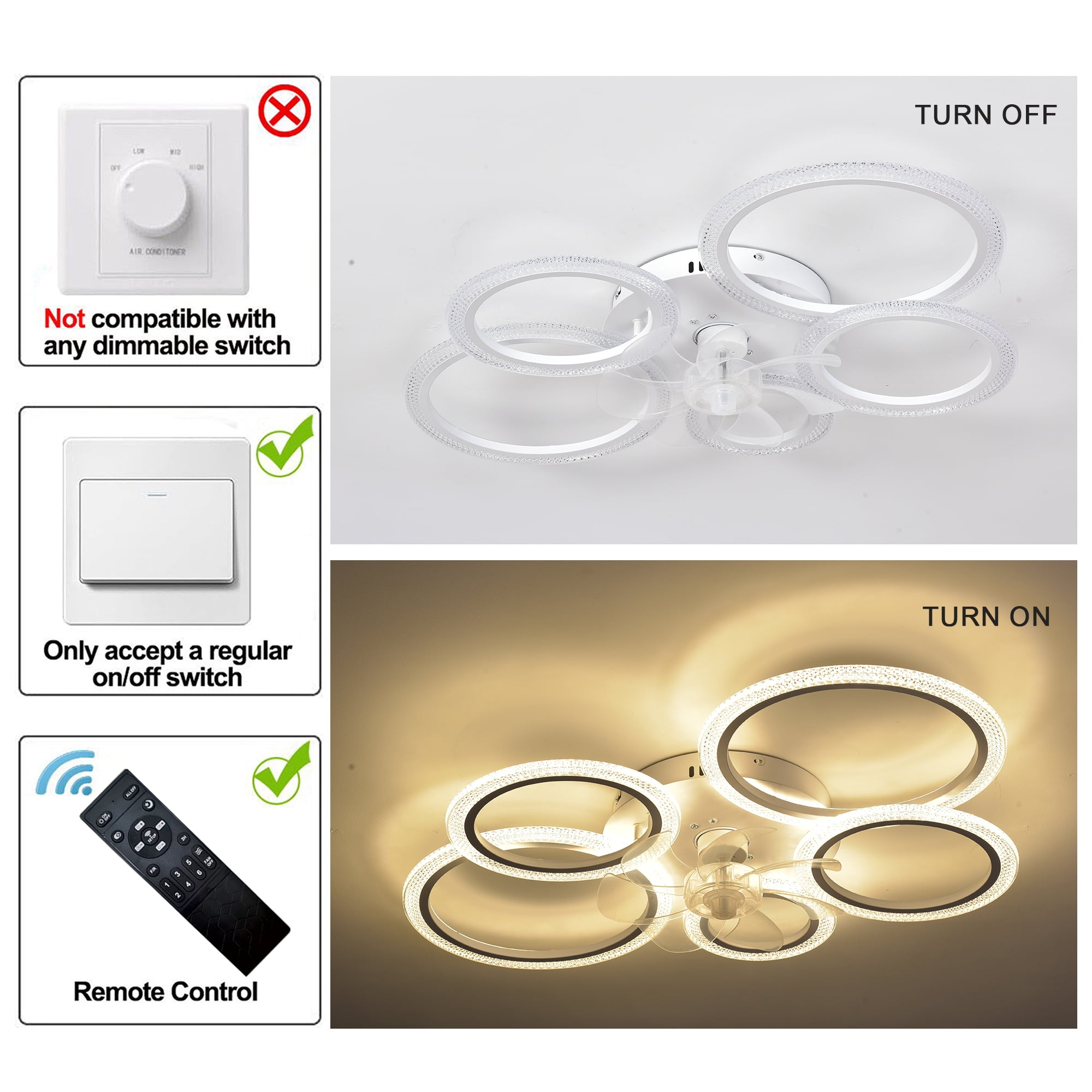 Garwarm 31.49 in. Modern Bubble Ceiling Fan with Lights, 5-Ring Low Profile Flush Mount Fan Light with Remote Control, 3 Color Temperatures, 6 Speeds for Living Room