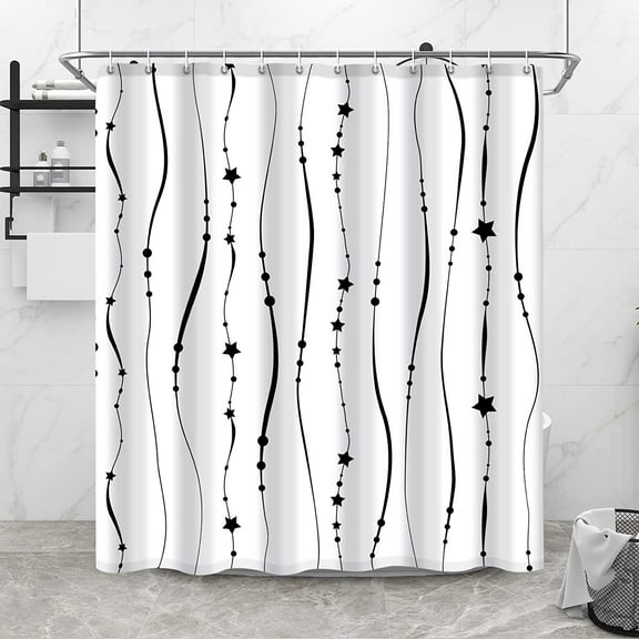 Geometric Star Shower Curtain, Black and White Modern Bathroom Decor Long, Farmhouse Contemporary Boho Waterproof Fabric Set, with 12 Hooks 72 x 72