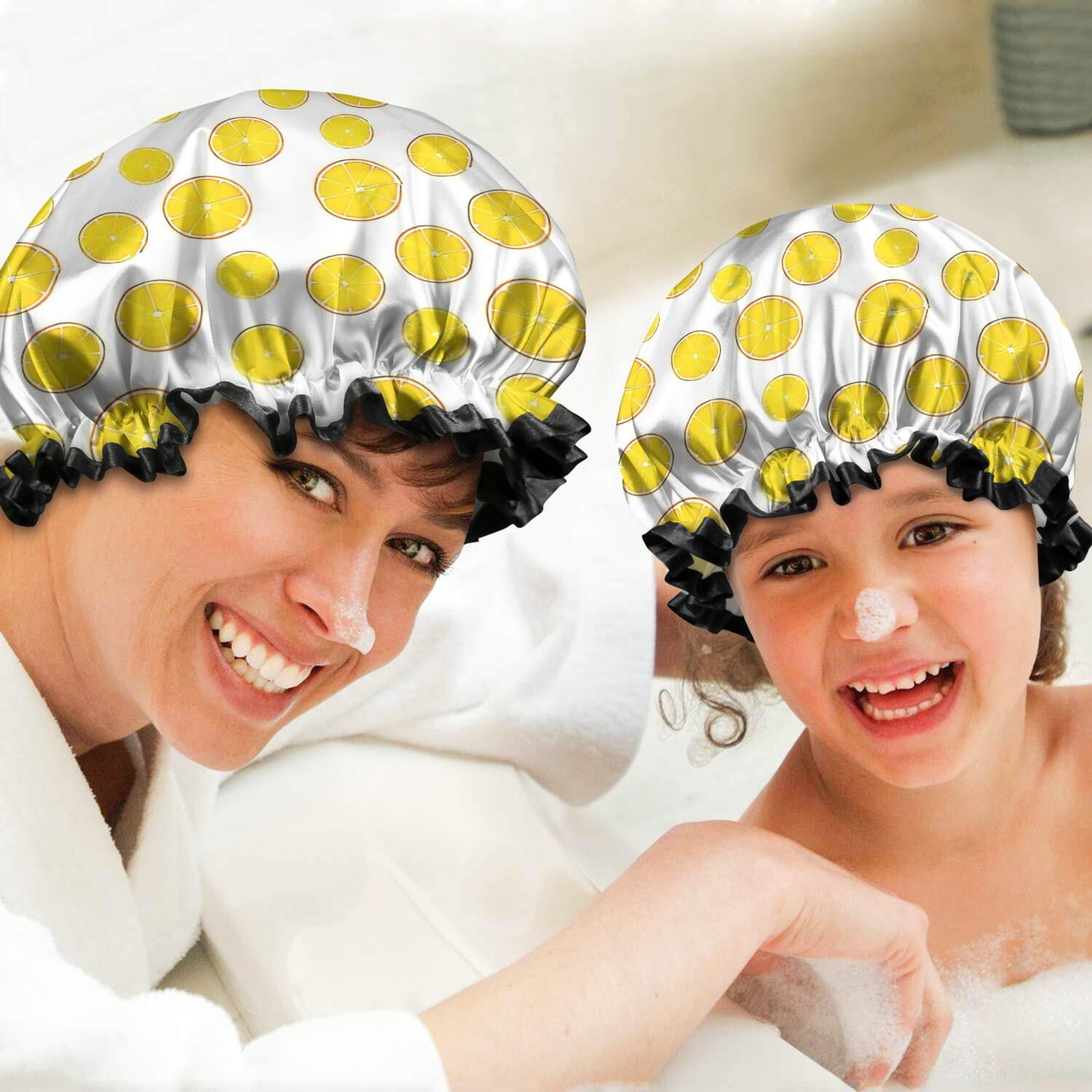 Shower Caps,Yellow Lemon Fruit Slices White Pattern Waterproof Shower Cap for Women 4 Pieces,Double Reusable Hair Cover for Shower PEVA Elastic Stretch Hem