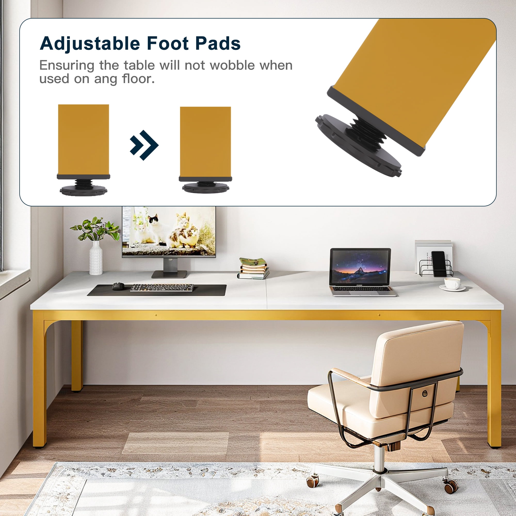 Demi Bonn 78" Farmhouse Dining Table, Wood Rustic Kitchen Table for 8 People, Large Rectangular Dinner Table for Dining Room, Home Office, Living Room Furniture, White & Gold