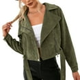 thumbnail image 4 of UTSJKR Clearance Women's Corduroy Jacket Long Sleeve Belted Motorcycle Jacket Cropped Outwear Zipper Solid Color Fall Winter Fashion Clothing Army Green M, 4 of 7