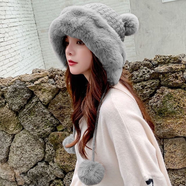 Bonnets d'Hiver à Pompons pour Femmes Bonnet Tricoté Bonnet Crochet Crâne Chapeau Chaud Seau Extérieur Couvre-Oreilles