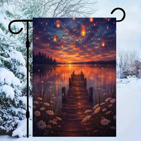 RKSupls Patriotic Linen Double Sided Garden Flag, Independence Day Themed Yard Decor, Lake Dock Lanterns Sunset Outdoor Banner for Holiday Lawn