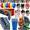 DC Justice League Superheroes Party Supplies 16 Servings - Disposable Dinner Plates, Napkins, Cups, Masks, Banner, Tablecover, Balloons, Tattoos - Great Birthday Tableware & Decorations Set