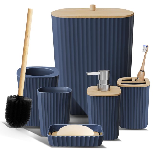 Set de baño Clara Clark azul marino de 6 piezas con escobilla de inodoro y bote de basura