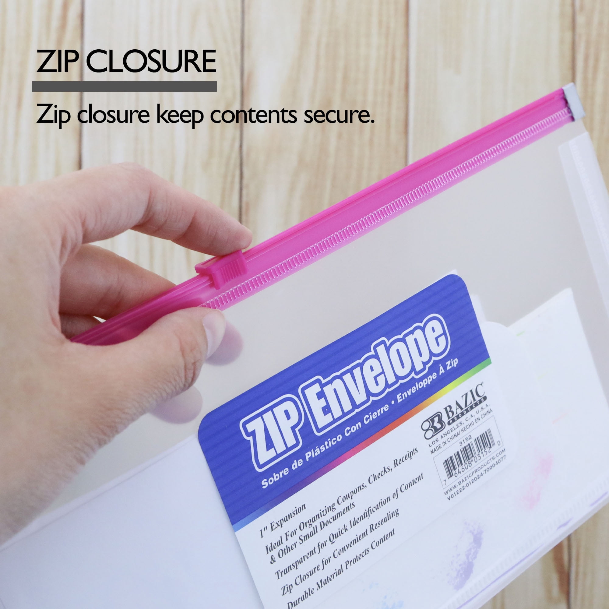 BAZIC Plastic Envelope Poly Envelopes, Letter Size Clear Folder Zip Closure, 24-Pack