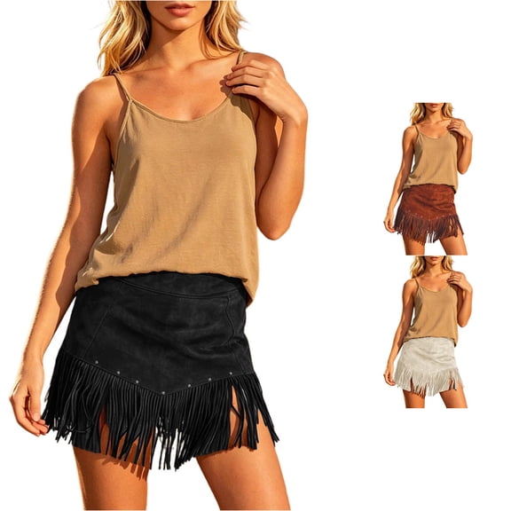 Unir Women Irregular Cut Long Fringe Faux Suede A Line Mini Skirt High Waist Metal Rivet Western Cowboy Casual Bottom 1PC S-XXL Plus Size Friendly