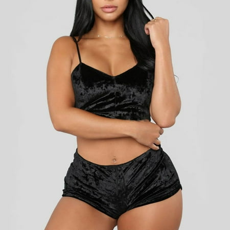 

Women 2 Piece Lingerie V Neck Crop Tops Bra Solid Color Shorts Satin Pajama Set