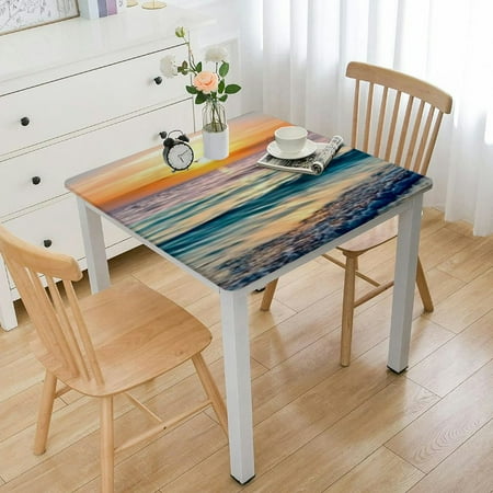 

Summer Square Fitted Tablecloth Seashore Sunrise Sunset Elastic Edge Table Cover Wrinkle Resistant Decor Table Cloth for Holiday Party Banquet Dinner