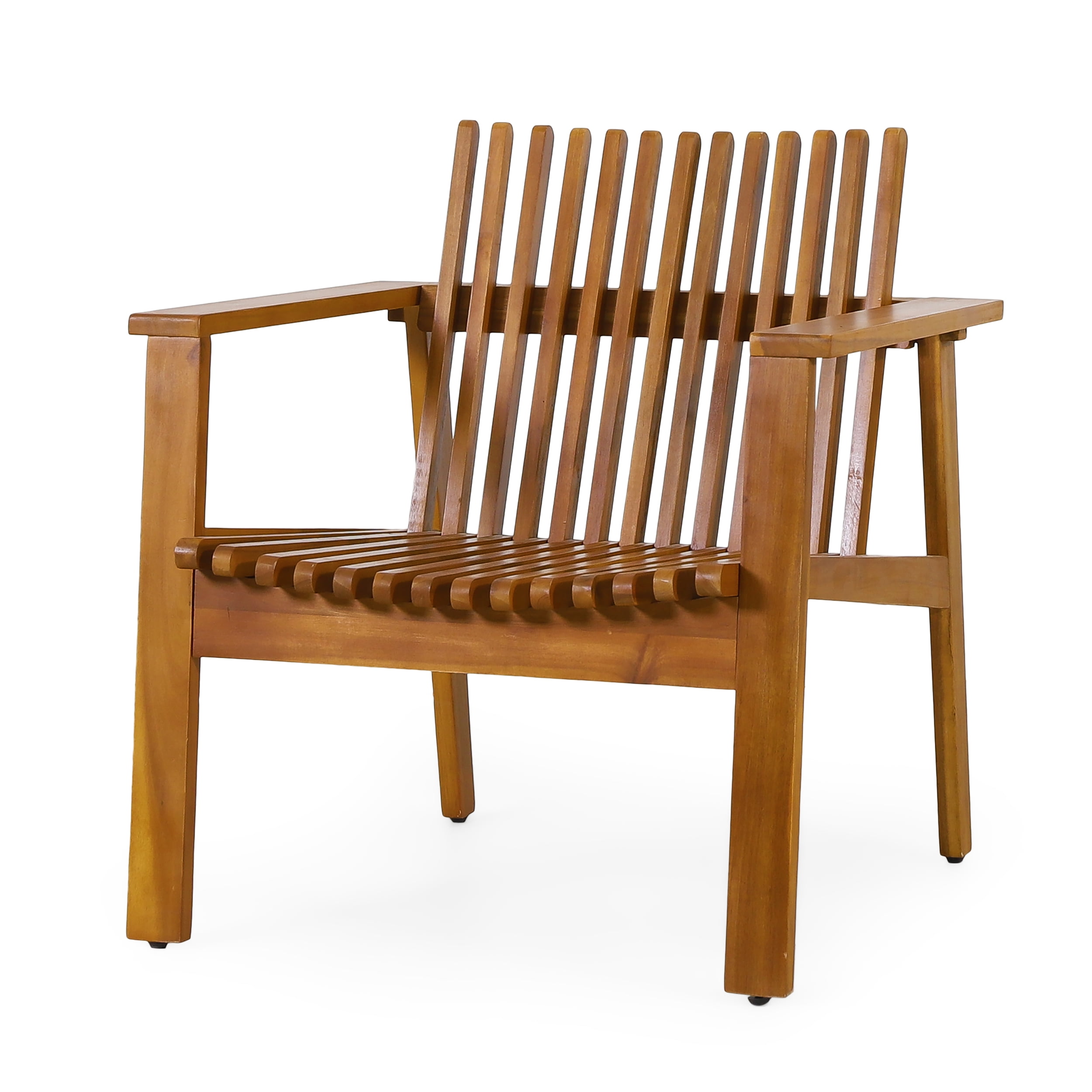 Outdoor Slatted Single Chair Set of 2, Acacia Wood Frame Leisure Seats for Patio Garden, Teak Finish