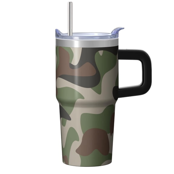 Camo 20oz Stainless Steel Tumbler with Handle and Straw – Insulated Travel Cup with Sliding Lid, 360° Full Wrap Printed Mug for Home, Outdoor & Sports Use, Camouflage