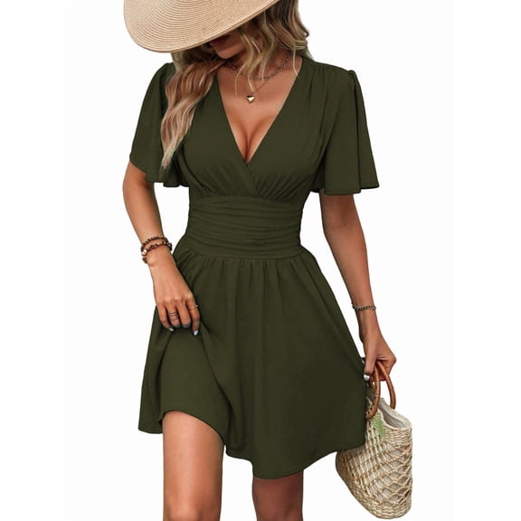 Women'S Ruched V Neck High Waist Casual Short Sleeve A-Line Dress Green S