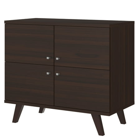 35 Inch Handcrafted Wood Multipurpose Storage Cabinet Console  4 Doors  Angled Legs  Dark Brown  Saltoro Sherpi