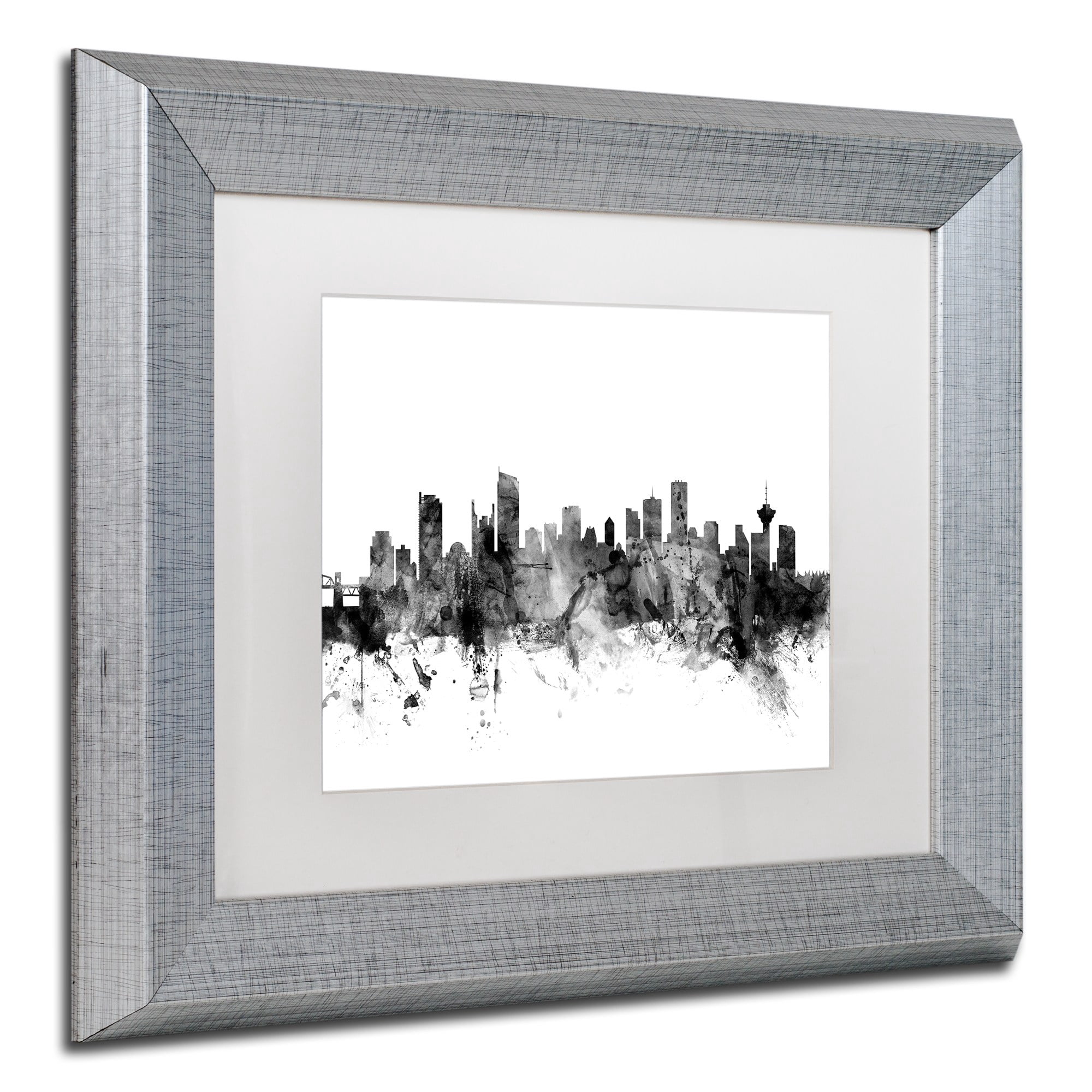 Trademark Fine Art "Vancouver Canada Skyline B&W" Canvas Art by Michael Tompsett, White Matte, Silver Frame