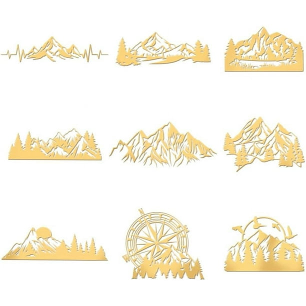 9 pegatinas metálicas autoadhesivas de 1,6 x 1,6 pulgadas con diseño de montaña, diseño de bosque, doradas, con brújula y pájaro.