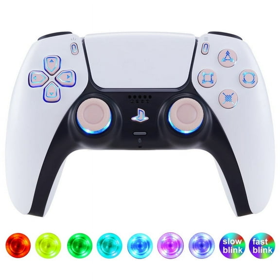 eXtremeRate 7 Colors 9 Modes Luminated Dpad Thumbsticks Share Home Face Buttons for PS5 Controller BDM-030 040 050, Cherry Blossoms Pink Classical Symbols Buttons DTF LED Kit for PS5 Controller