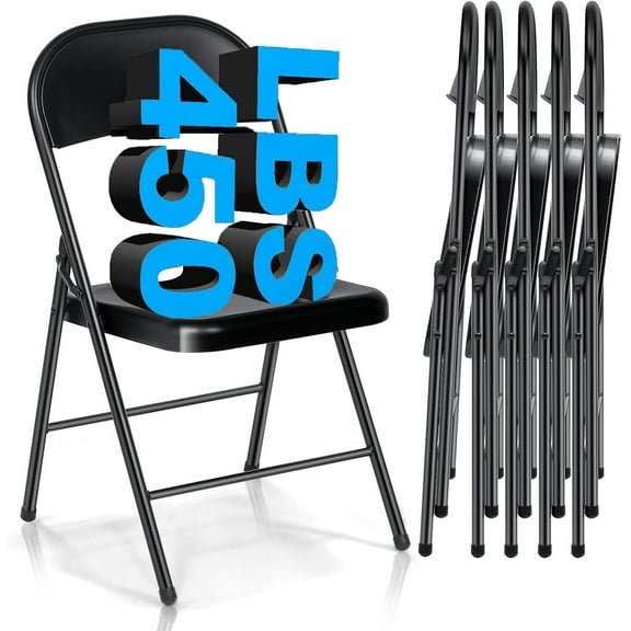 Folding Chairs Set of 6, Black Metal Folding Chair with Steel Frame for Home Office and Party, Indoor and Outdoor Events, 450 lb Capacity (Black, Set of 6)