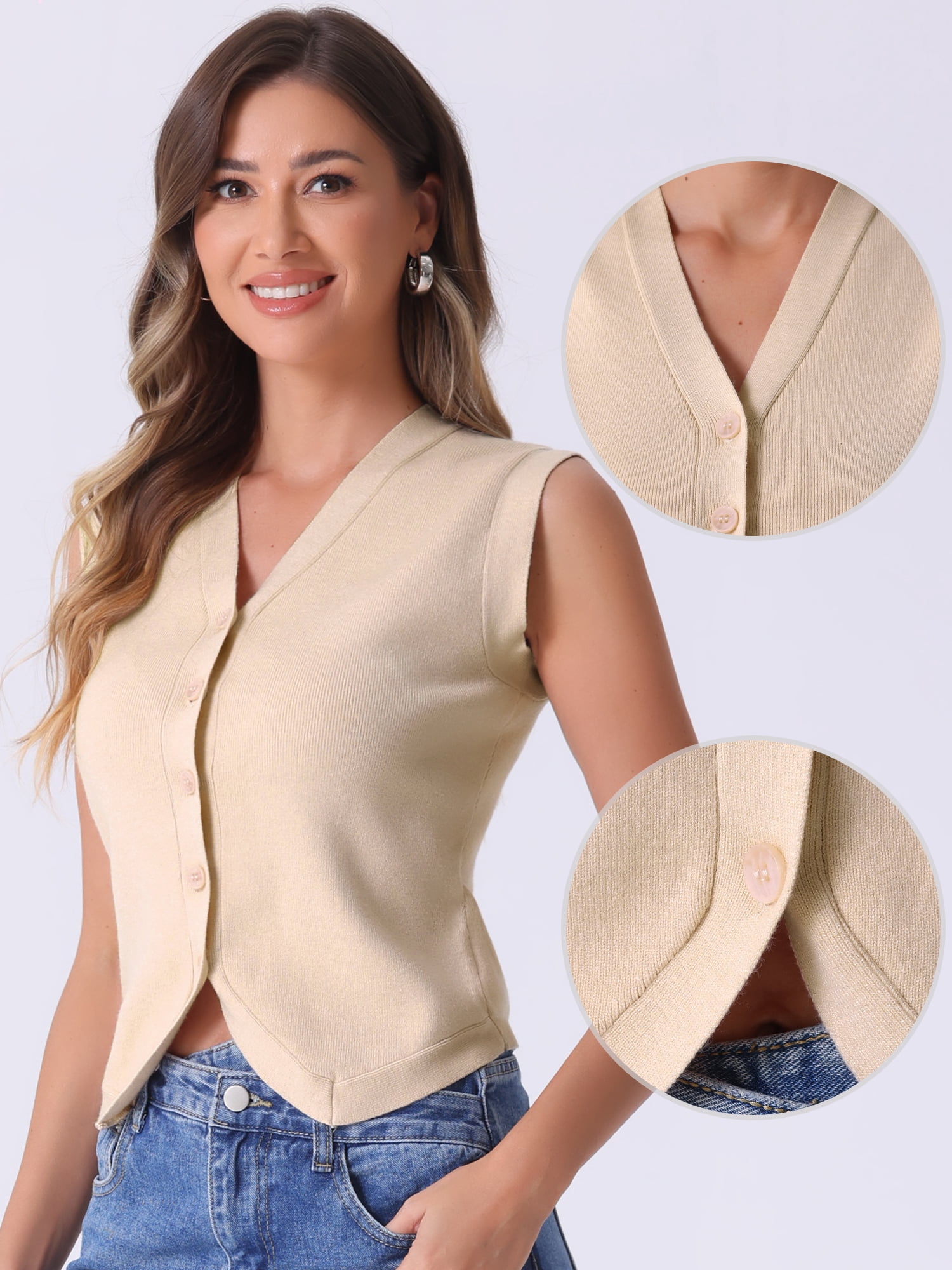 DARING DIVA Stylish Sleeveless V Neck Cropped Button Up Sweater Vest XL Apricot