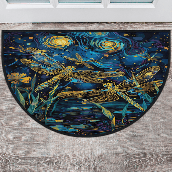 CURLYOOT Floral Dragonfly Abstract Half Round Door Mat 40'' x 63'', Indoor Outdoor Entrance Rug, Semi Circular Area Rug, Non Slip Washable Absorbent Doormat, Laundry Room Rug