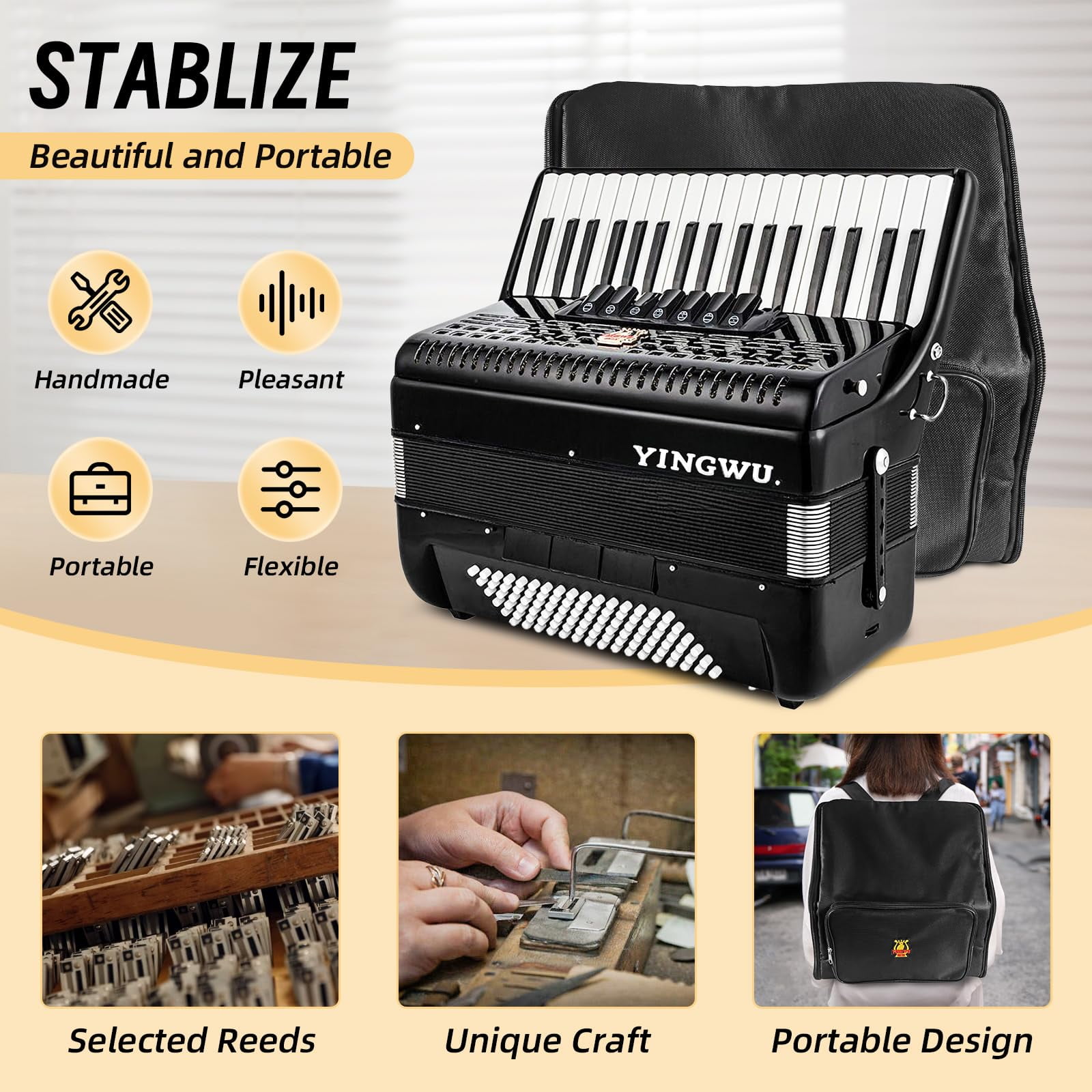 Accordion, 37 Keys 96 Bass Professional Accordion for Beginners and Advanced Players with Backpack and Strap