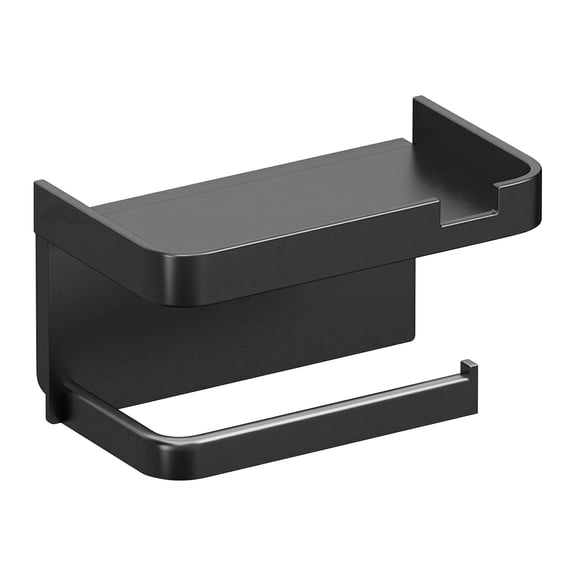 Toilet Paper Holder Wall Mount – Self Adhesive Black Stainless Steel Bathroom Tissue Holder with Phone Shelf, Rustproof 7.1x4.4x3.8 in