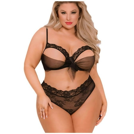 GENGING Hot Sale Cheap Lingerie Women Plus Size Sexy Clothes Clearance Hollow Bowknot Wireless Bra + Briefs Lingerie Underwear Set