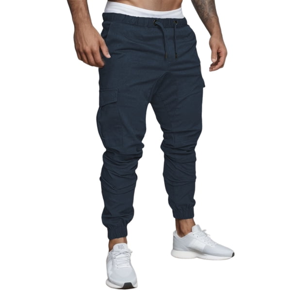 Pantalones informales lisos para hombre - Leggings con múltiples bolsillos - Algodón, largo, deportivos/playa/informales - M/L/XL