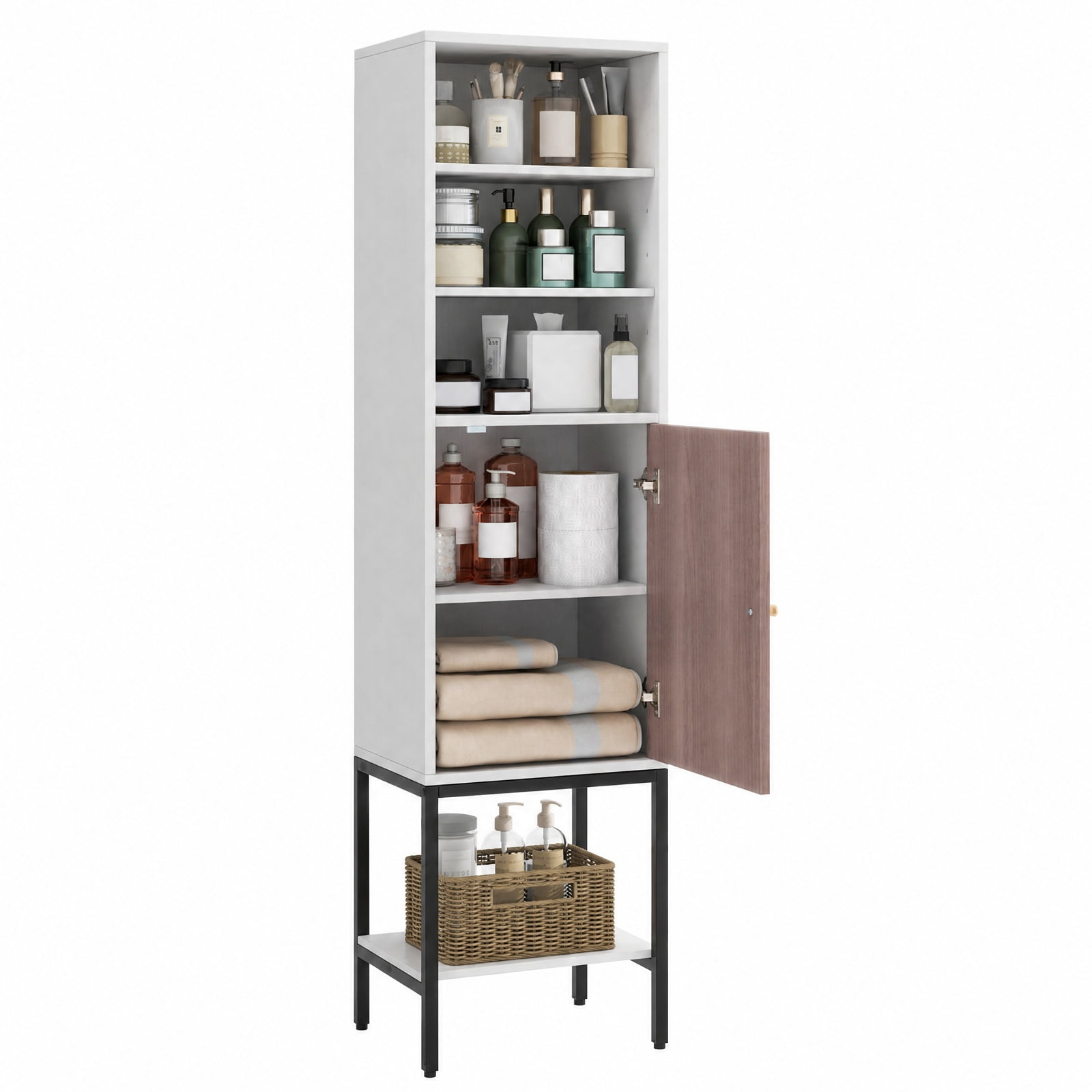 Vebreda Freestanding Bathroom Storage Cabinet, 57 Inch Bathroom Tall Cabinet with 1 Door and 4 Shelves Narrow Storage Unit with Adjustable