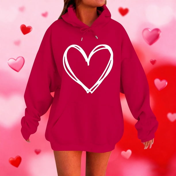 RKSTN Valentine's Day Hoodie for Women Oversized Valentines Heart Print Drawstring Hooded Sweatshirt Top Womens Casual Solid Plus Size Graphic Printed Loose Comfy Hood Fall Spring Clothes
