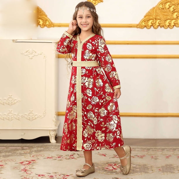Vestido largo estilo étnico rojo para niñas de talla mediana y grande.