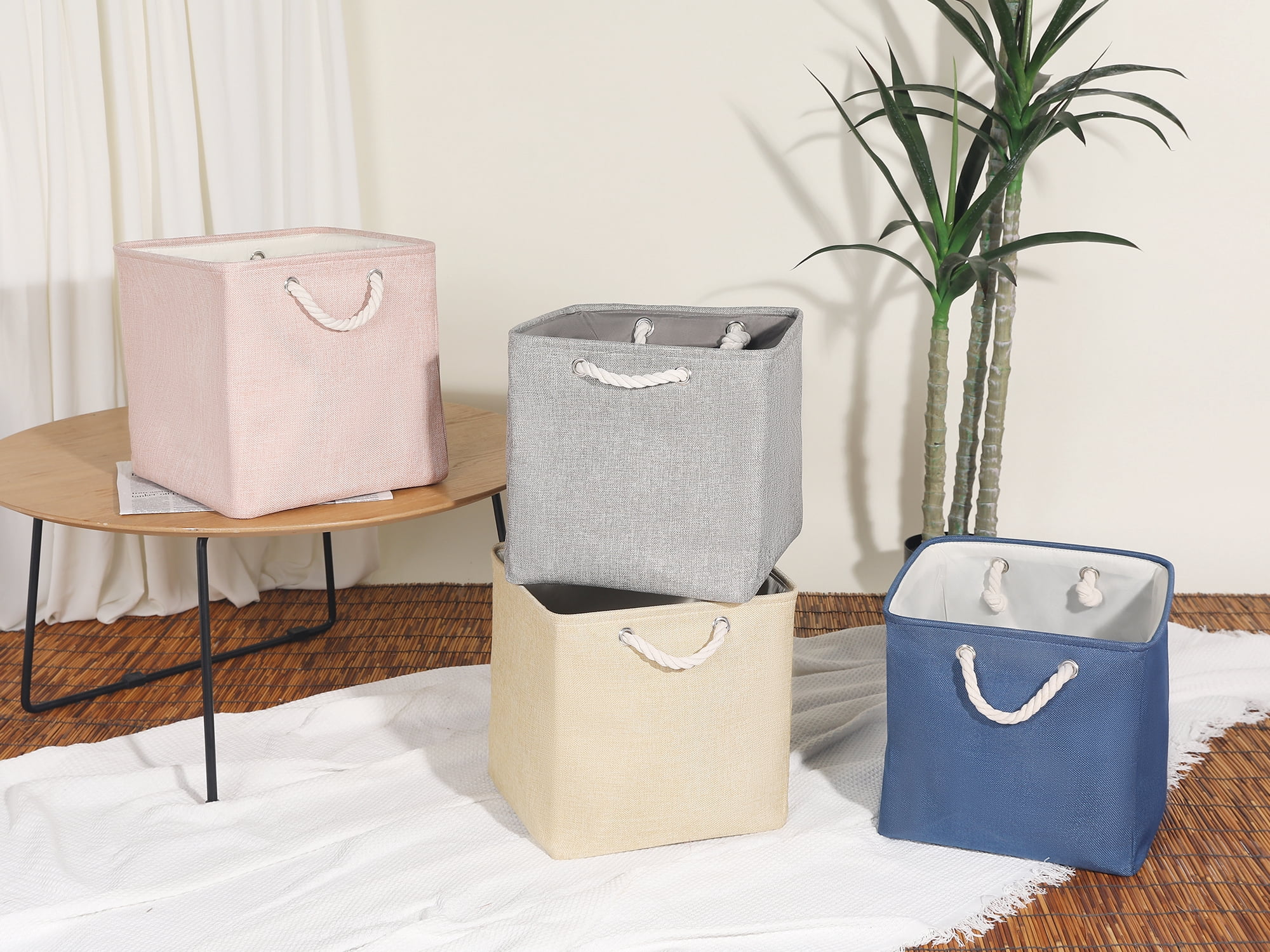 Unique Bargains 13 Inch Square Fabric Collapsible Storage Basket Bin with Handle Pink