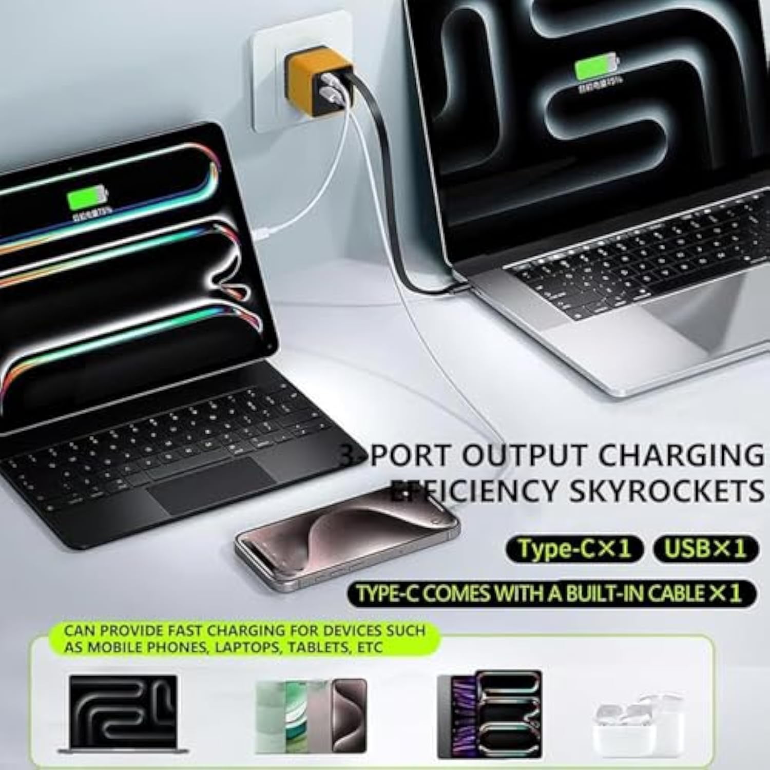 Competeend 3 in 1 Charger Retractable 80w Max Fast, Competence 3-in-1 Charger, 80W MAX Fast Charging Module with Type-C Cable and 2 USB Ports